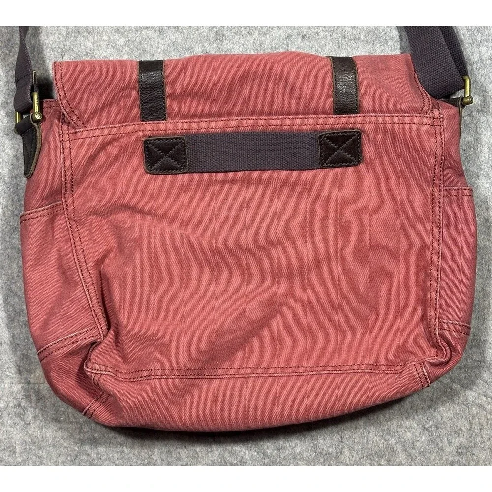 Vintage Fossil Canvas Messenger Bag Red Leather Strap Buckle Crossbody READ